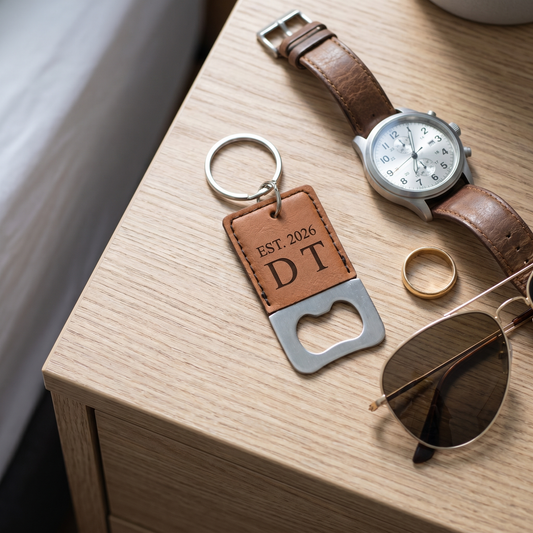 Rawhide engraved keychain bottle opener with watch, ring, and sunglasses on a nightstand — lifestyle flat-lay