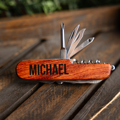 Personalized wood handle multitool pocket knife engraved groomsmen gift view 1