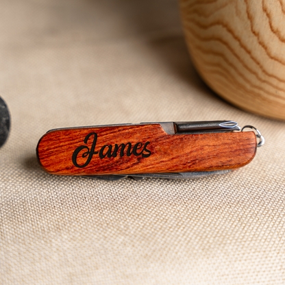 Engraved wood pocket knife multitool stainless steel groomsmen gift view 2