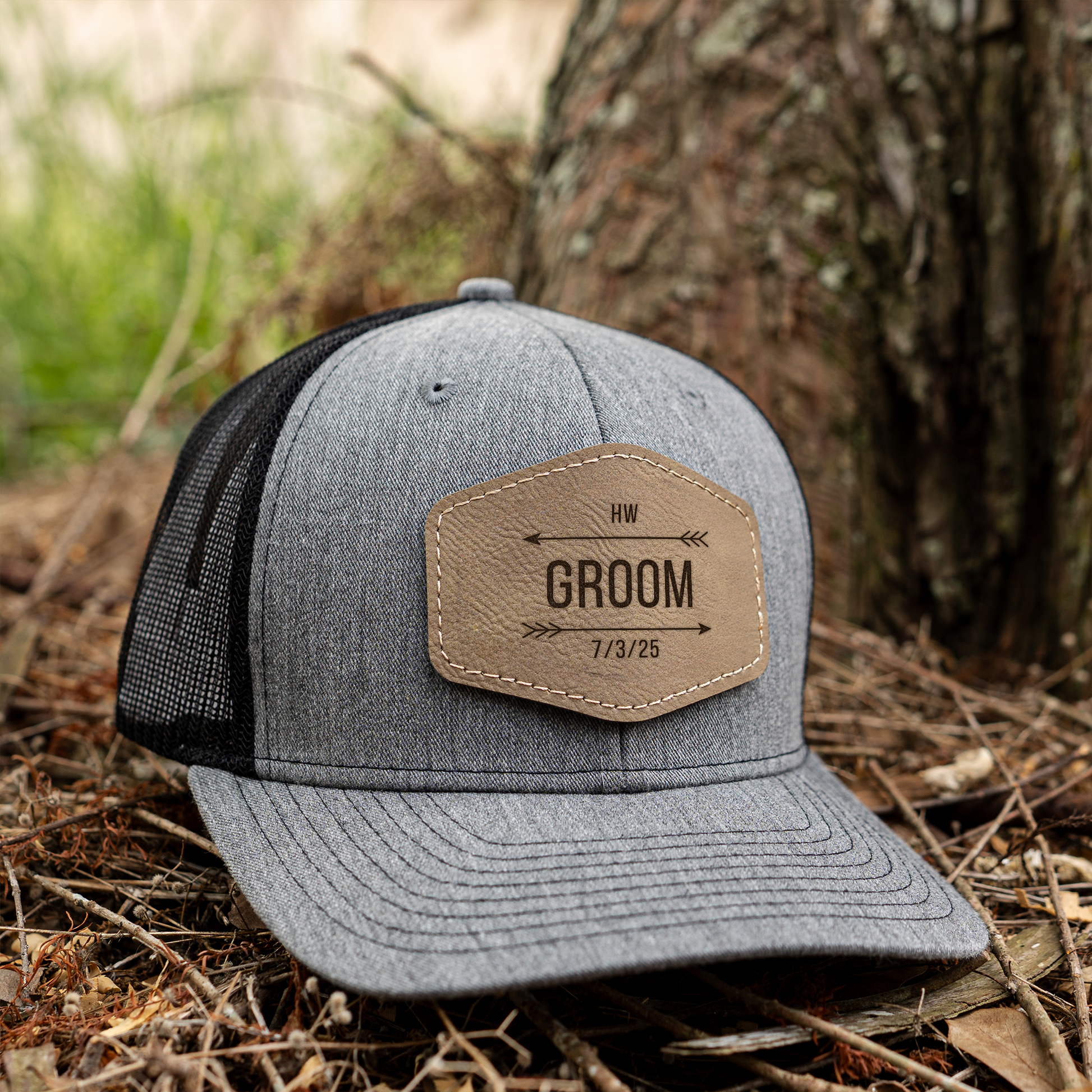 Dark brown leather patch groomsmen trucker hat for him