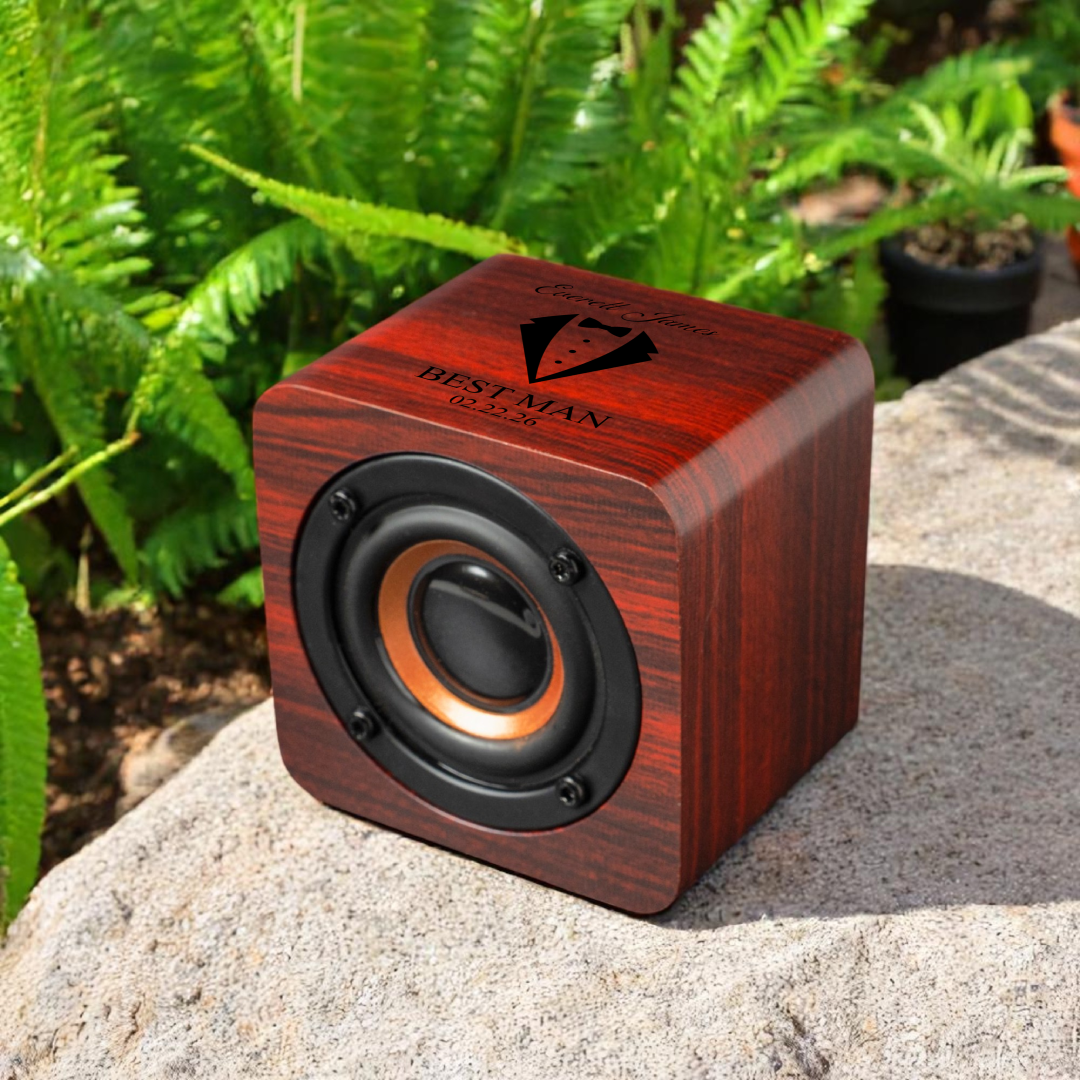 Wooden groomsmen Bluetooth speaker design preview, wedding party gift