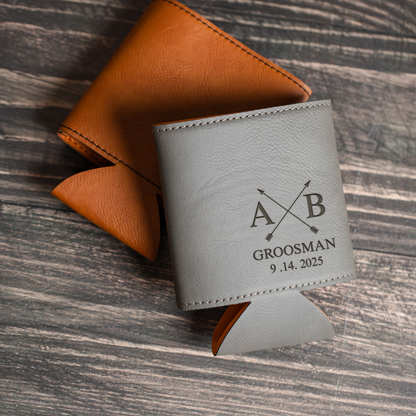 Engraved vegan leather can cooler angle view, groomsman proposal gift