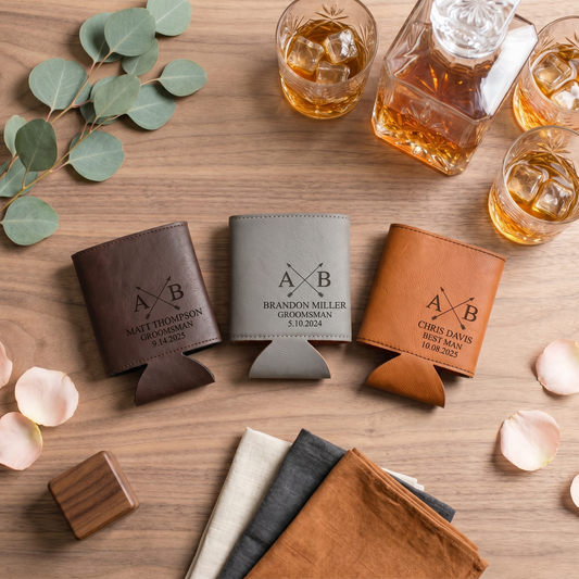 Three personalized vegan leather groomsmen can coolers in dark brown, grey, and rawhide — one for every groomsman