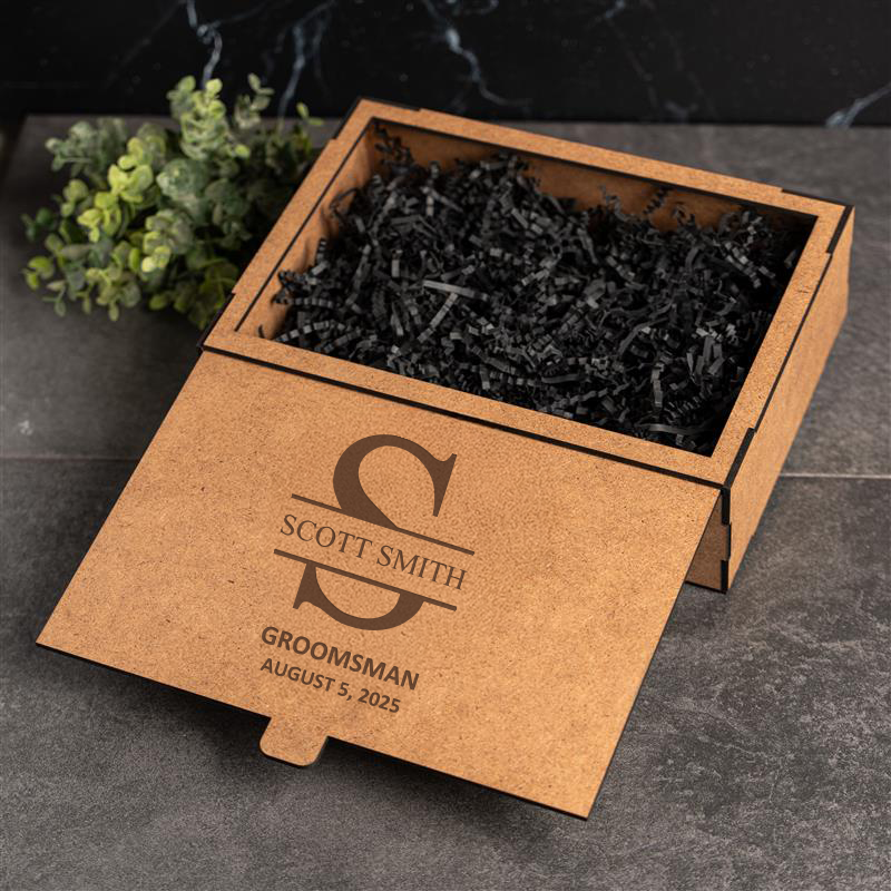 Personalized wood gift box design options for groomsmen