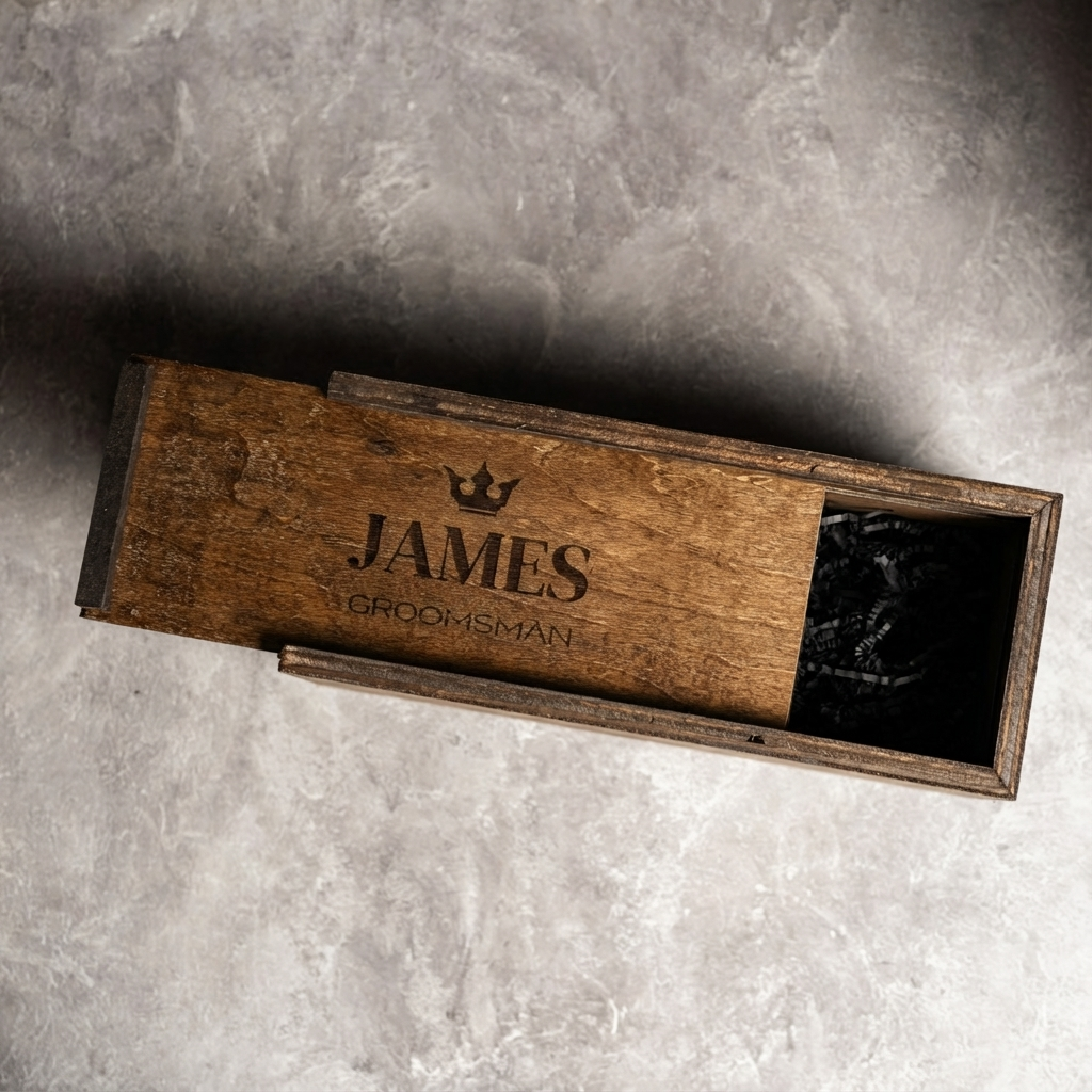 Slide-top wooden gift box laser engraved groomsman gift