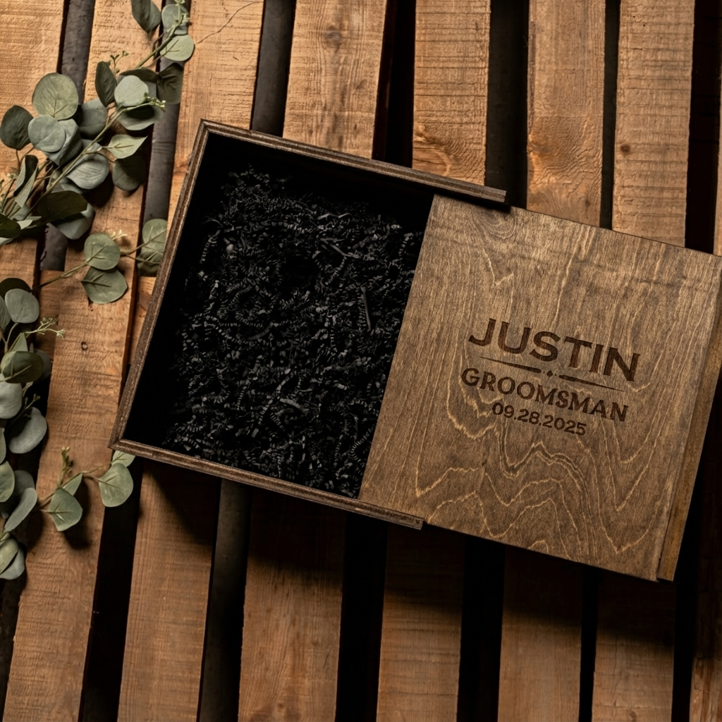 Custom engraved gift box for groomsmen filled with keepsakes