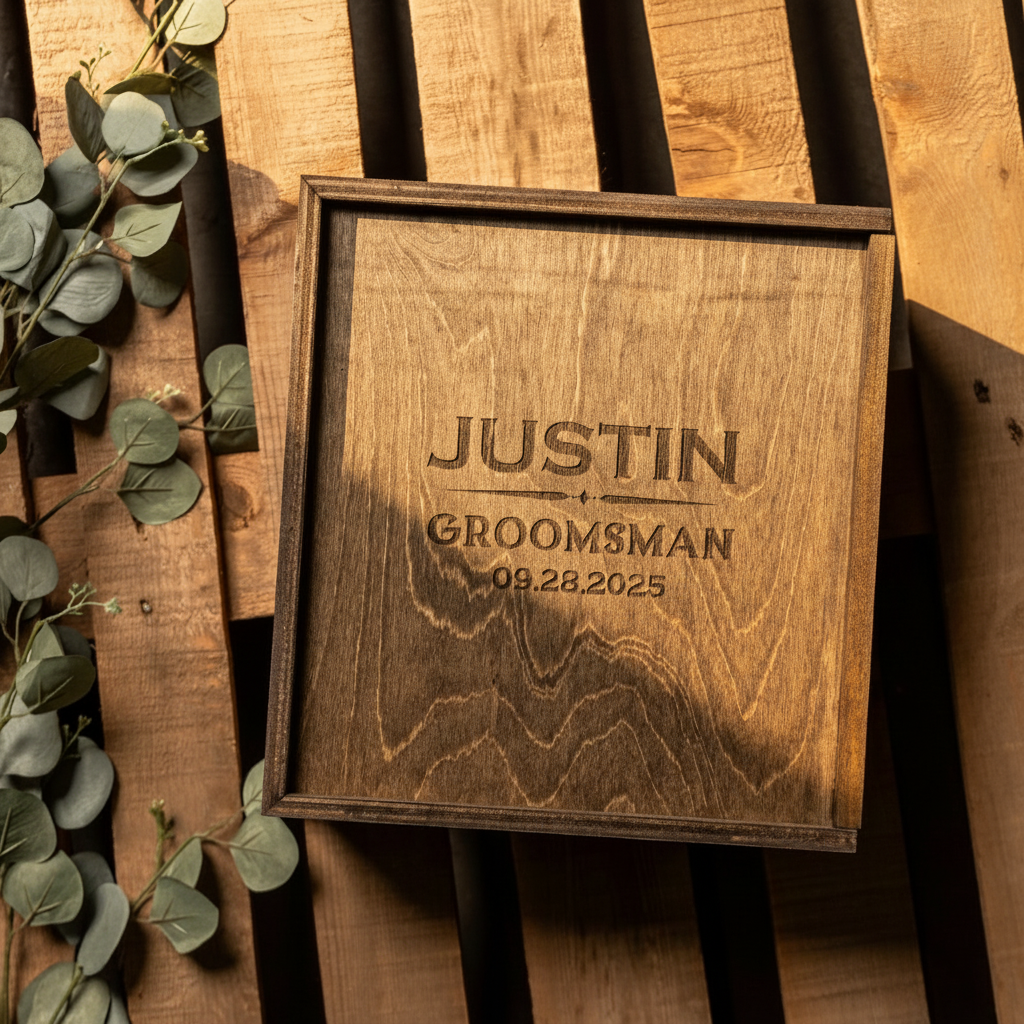 Custom Groomsmen Gift Box - Golden hour light on engraved wooden groomsman gift box, warm, natural setting. - 12/11/2025