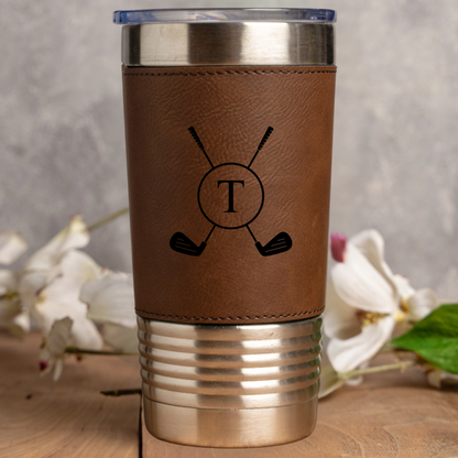 Leather wrapped golf tumbler in Light Brown - golfer gift for him