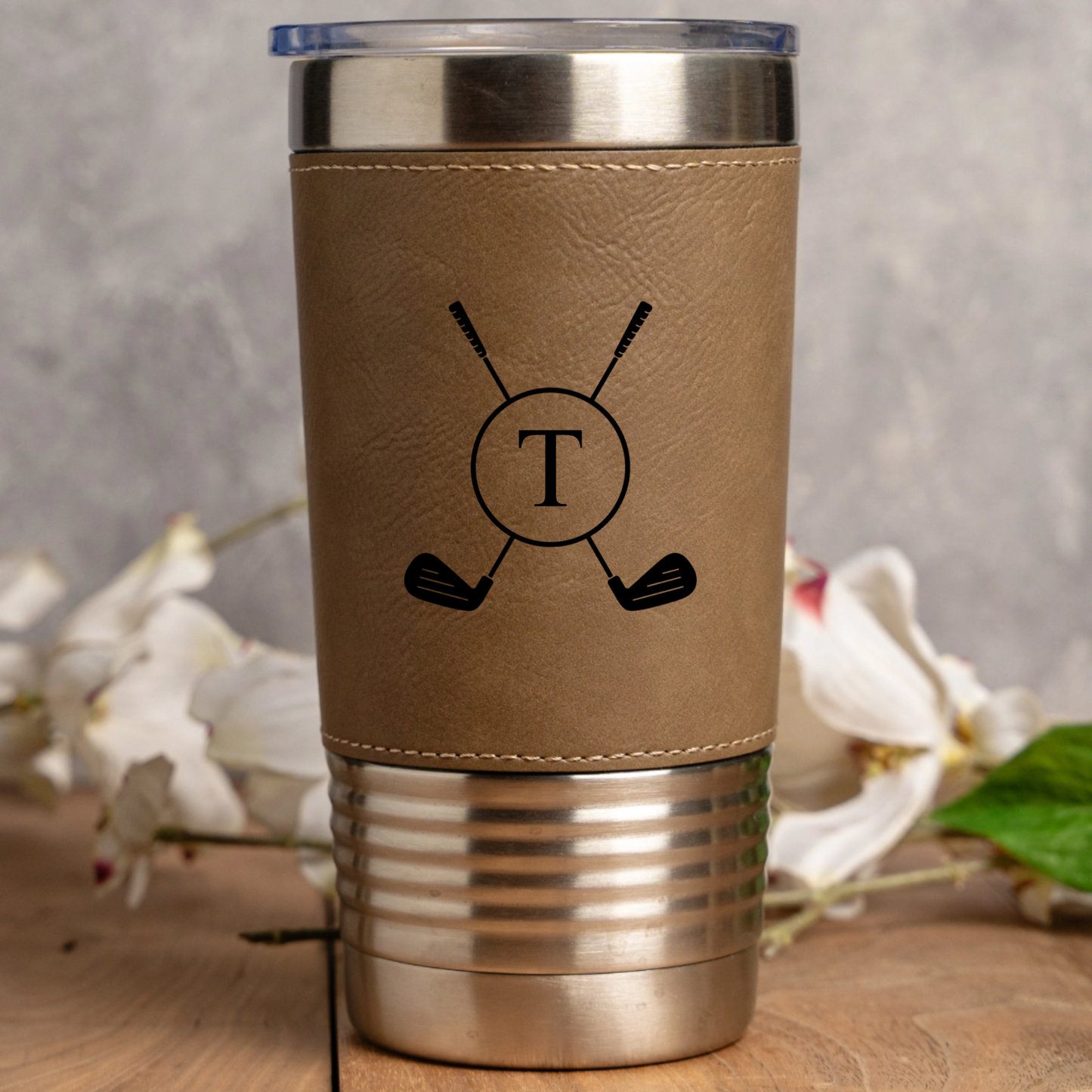 Leather wrapped golf tumbler in Grey - groomsman proposal gift