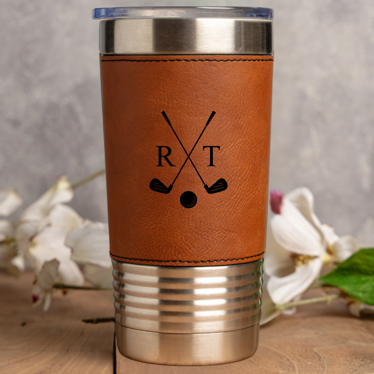 Leather wrapped golf tumbler in Bamboo - custom golf tumbler