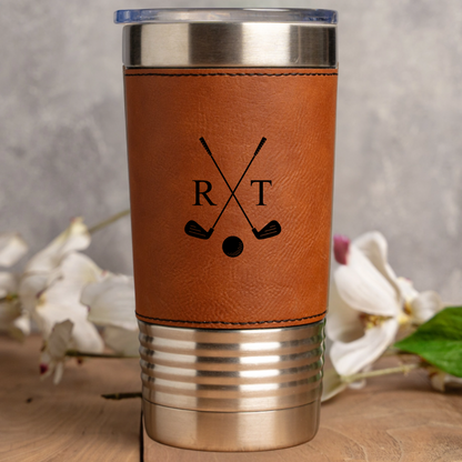 Leather wrapped golf tumbler in Bamboo - custom golf tumbler