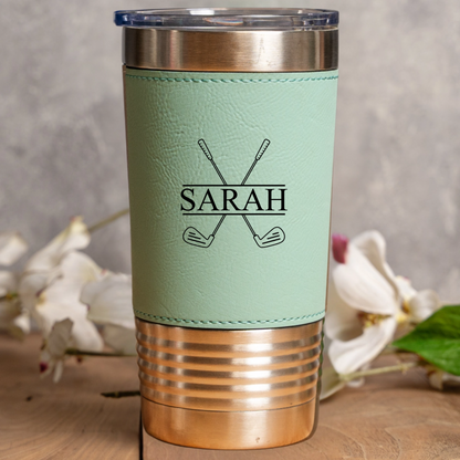 Leather wrapped golf tumbler in Pink - bridesmaid golf gift