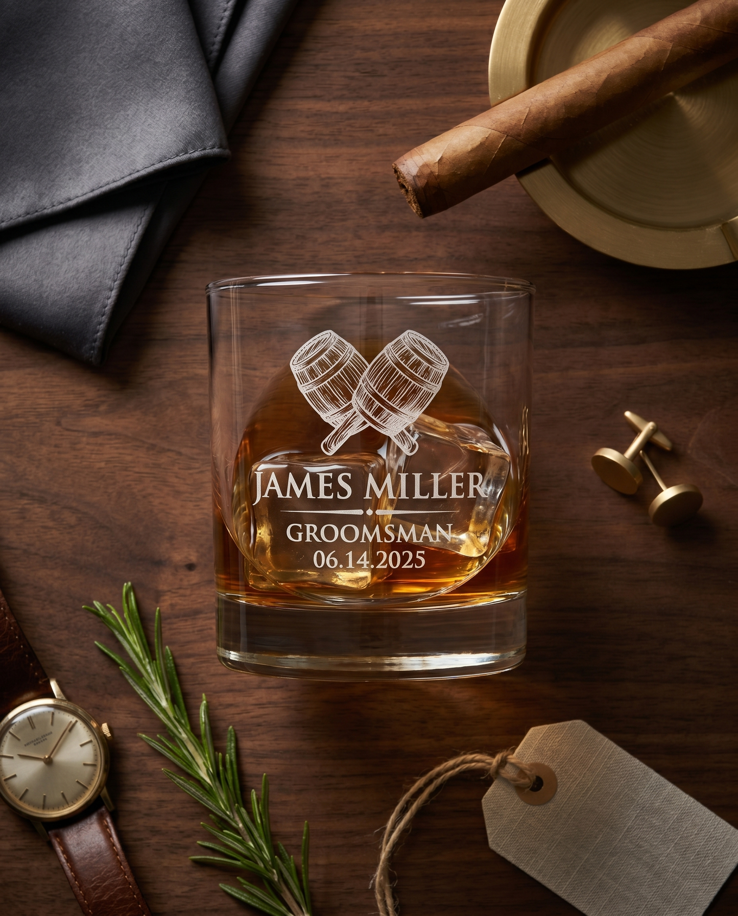 Personalized lowball whiskey glass with crossed bourbon barrels engraving — bourbon, cigar and leather styling