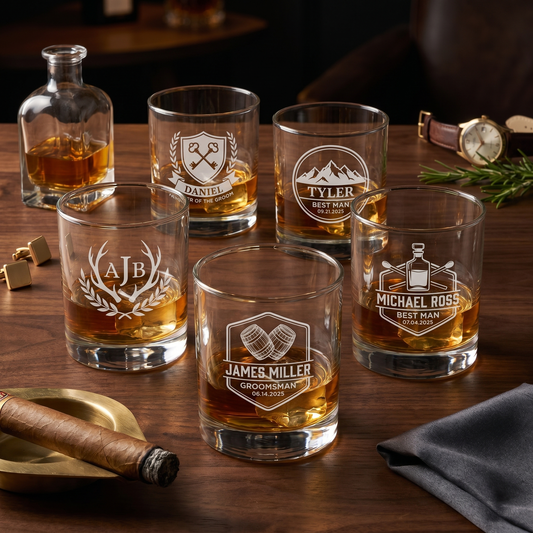 Five personalized lowball whiskey glasses with different Gentleman Series engravings — wedding party toast