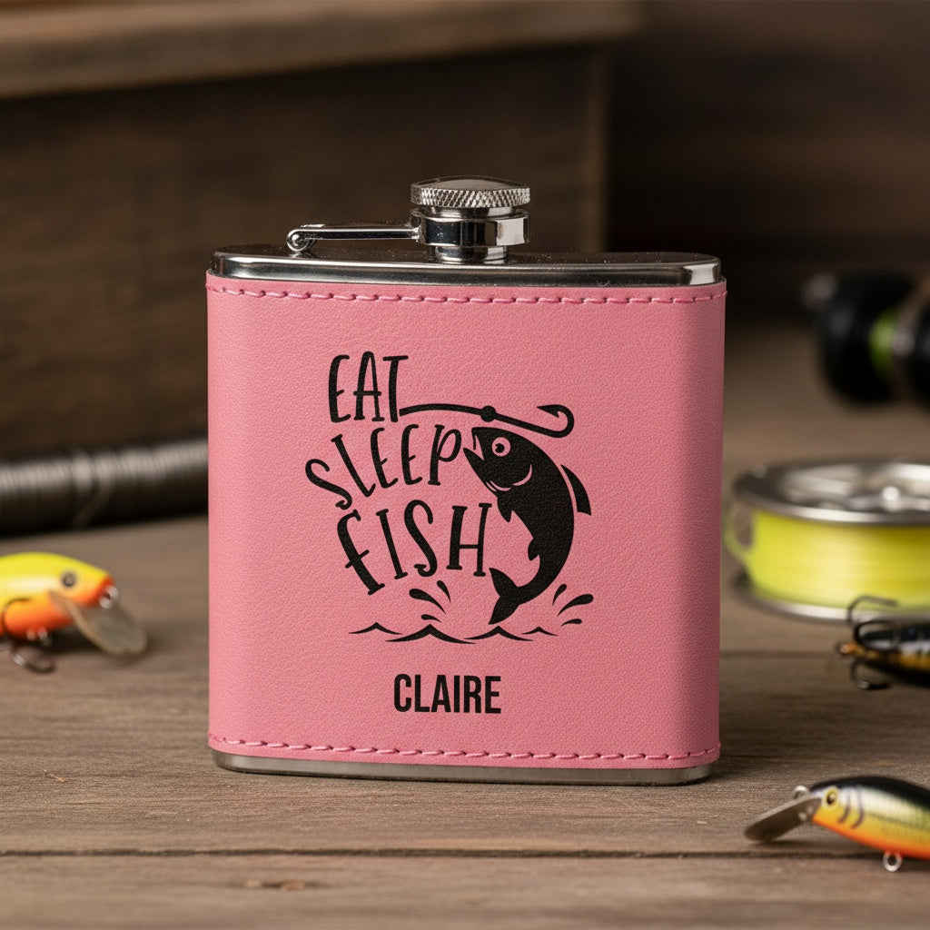Engraved leather wrapped fishing flask custom design gift view 10