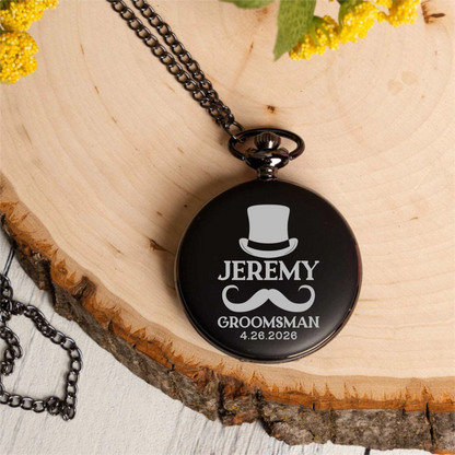 Engraved Black Pocket Watch - Groomsmen & Best Man
