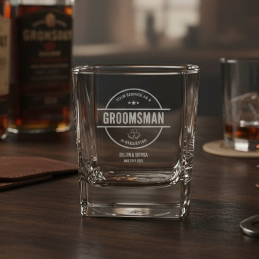 Engraved Groomsmen Square Whiskey Glasses - wedding party gift