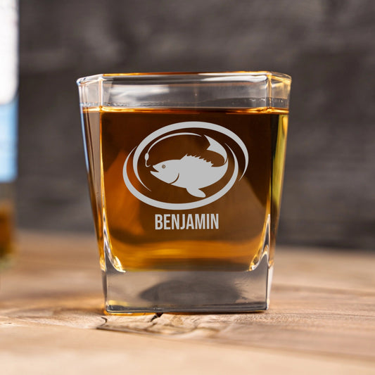 Custom Fishing Square Lowball Whiskey Glass - fisherman gift