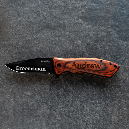 Personalized Red Handle Black Blade Knife - groomsmen gift
