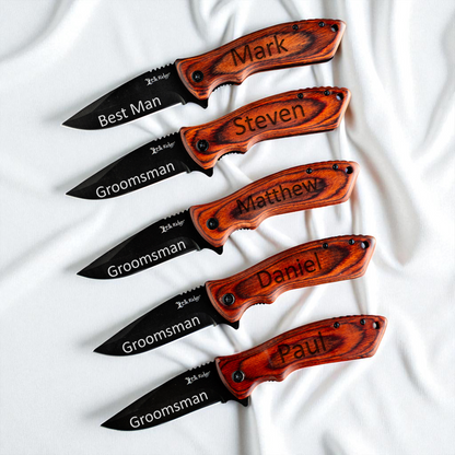 Set of 5  Red Wood Handle Black blade Knives