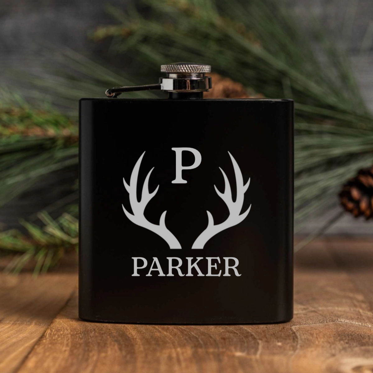 Black powder coated hip flask with custom engraving best man gift view 1