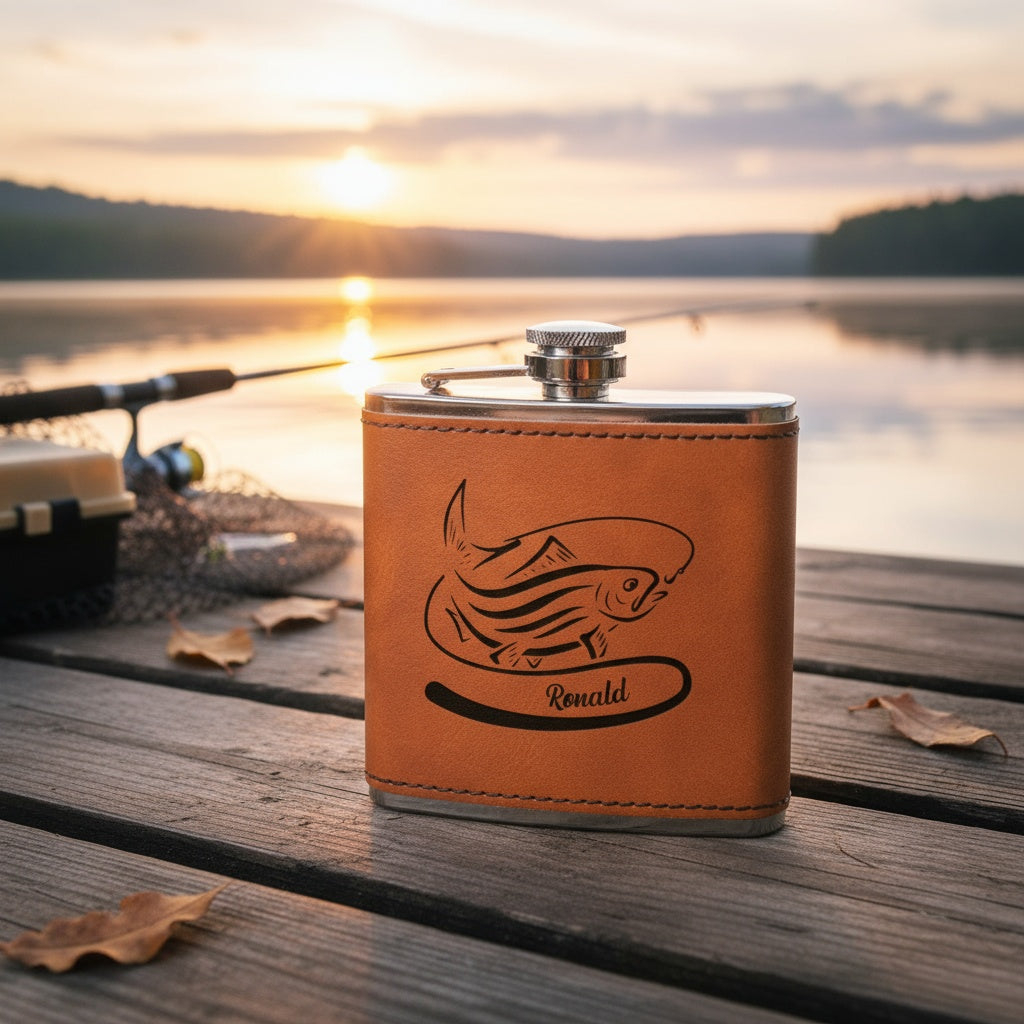 Custom leather wrapped stainless flask fishing design Father's Day gift view 2