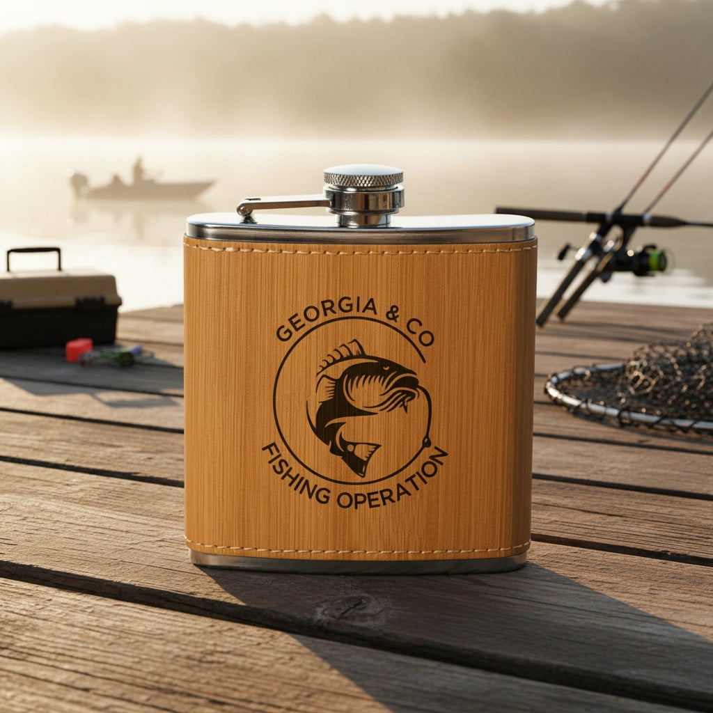 Engraved fishing flask vegan leather wrap gift for him view 3