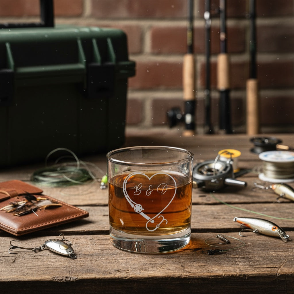 Custom fishing-themed whiskey lowball glass, gift for the angler
