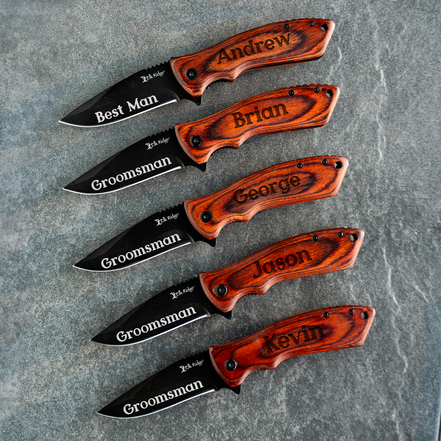 Set of 5  Red Wood Handle Black blade Knives