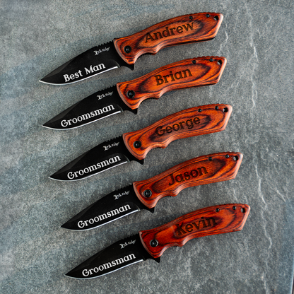 Set of 5  Red Wood Handle Black blade Knives
