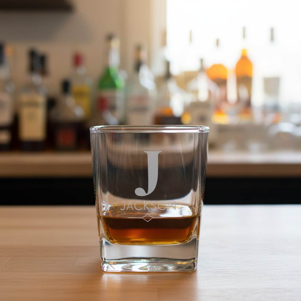 Square whiskey glass with engraved monogram - best man gift