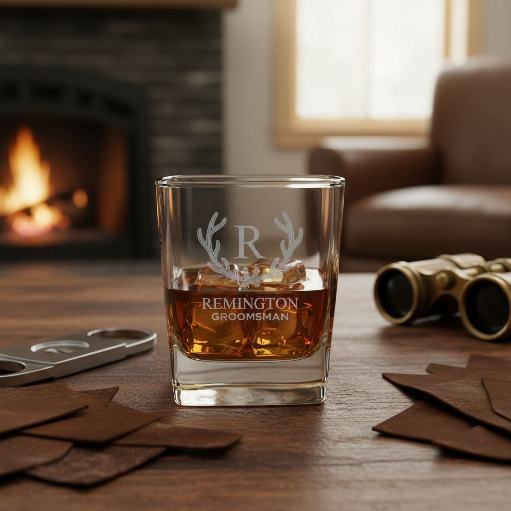 Square whiskey glass with wedding date engraving - groomsmen gift