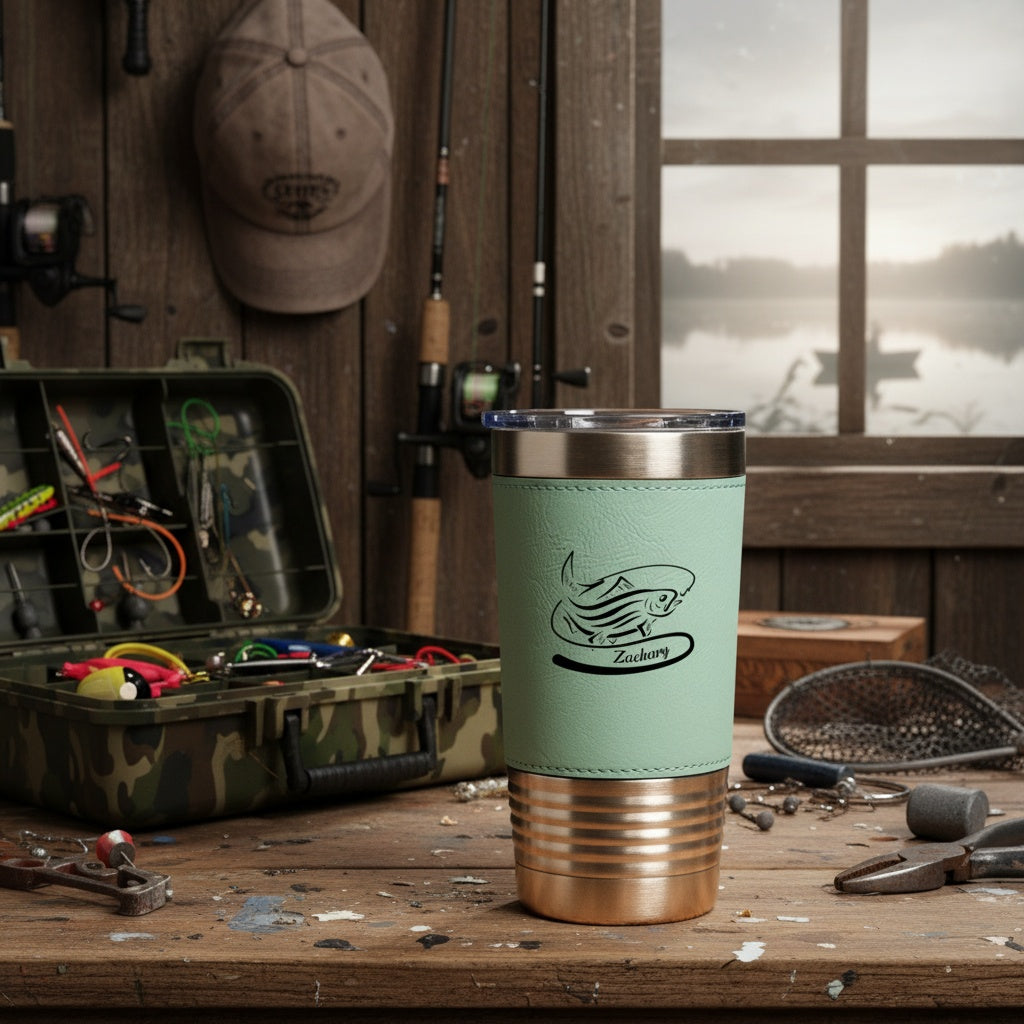 Fishing leather tumbler in Grey - personalized gift for him