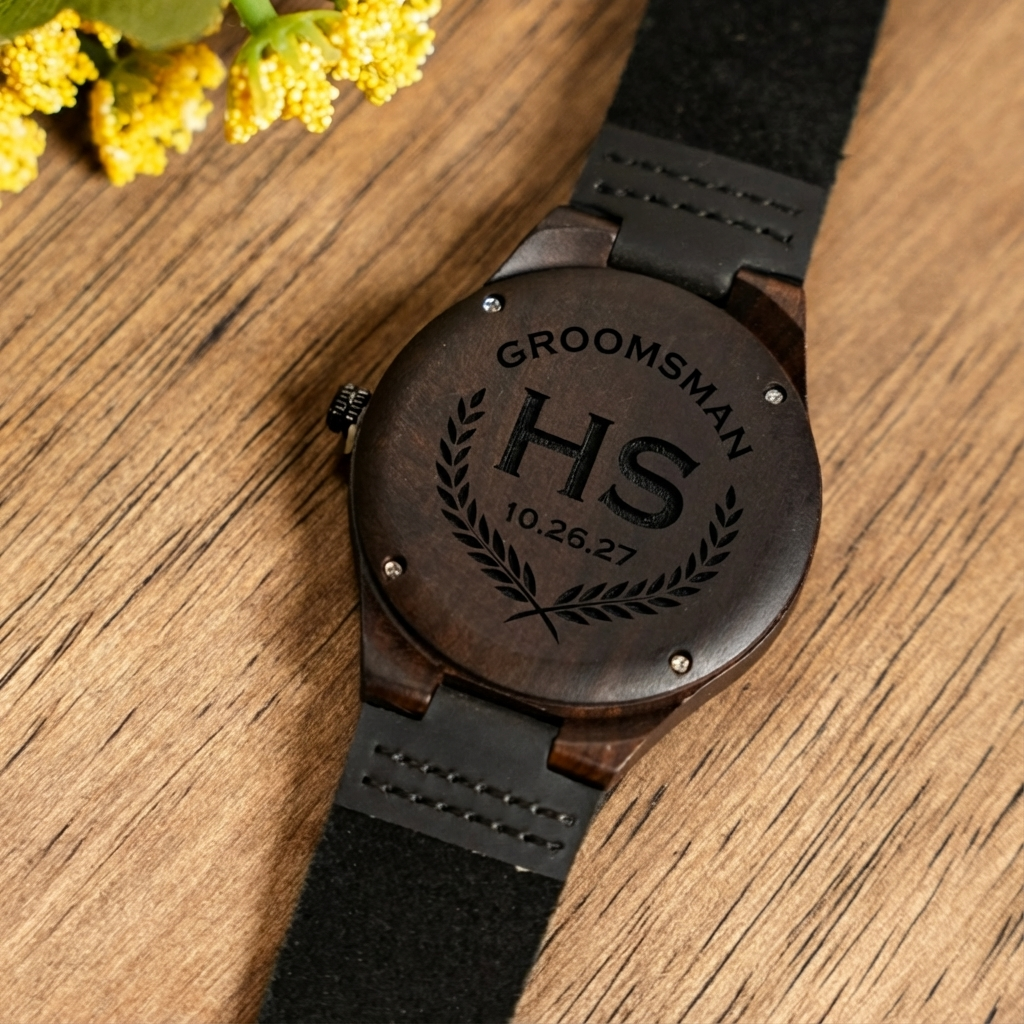 Engraved wood wristwatch groomsmen gift quartz movement view 1