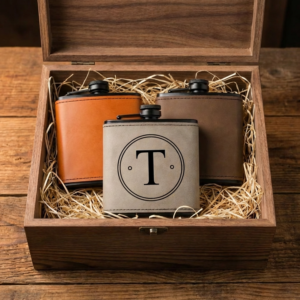 Leather wrapped black flask with engraved initials, custom groomsmen gift