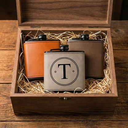 Leather wrapped black flask with engraved initials, custom groomsmen gift