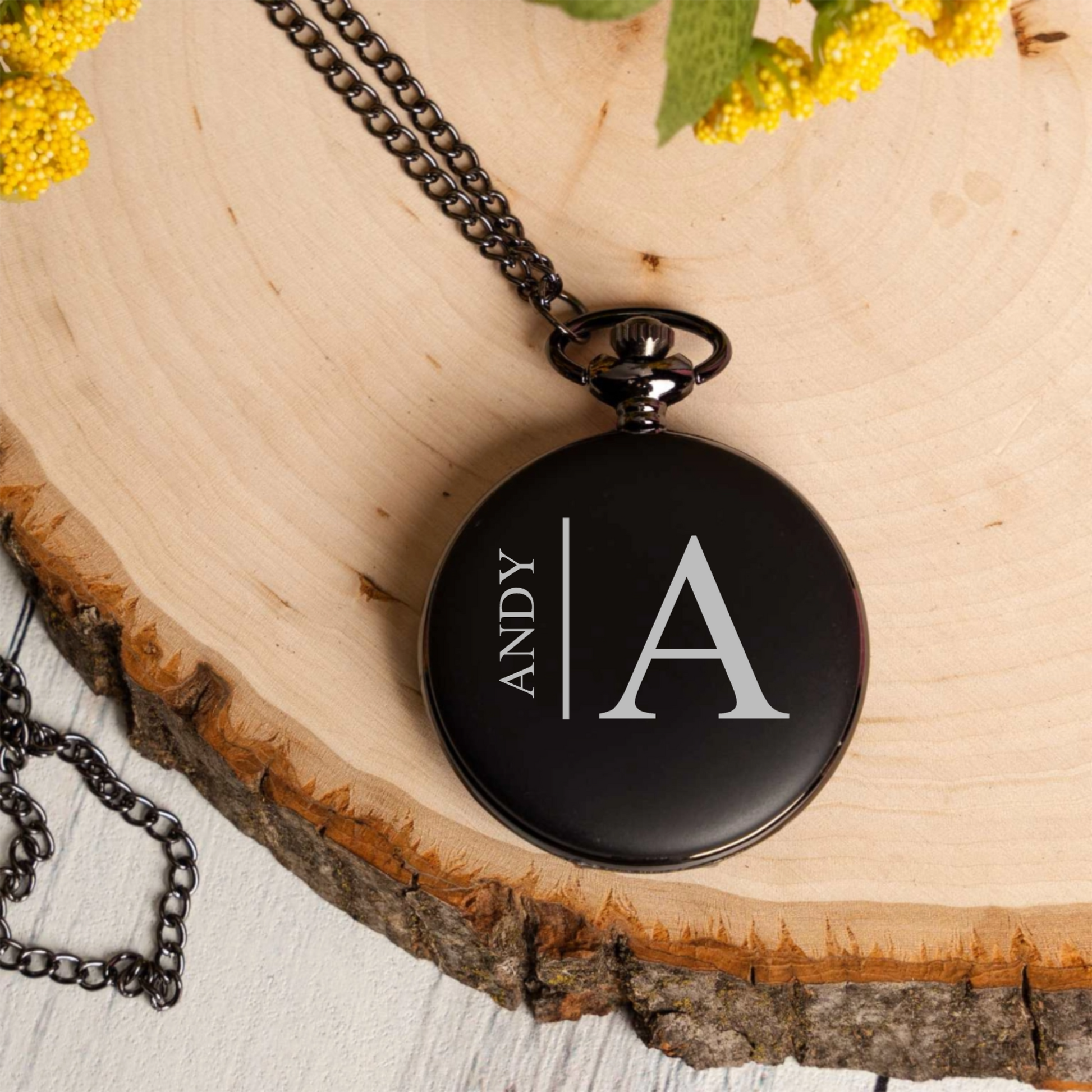 Black pocket watch with engraved monogram - best man gift