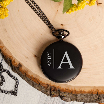 Black pocket watch with engraved monogram - best man gift