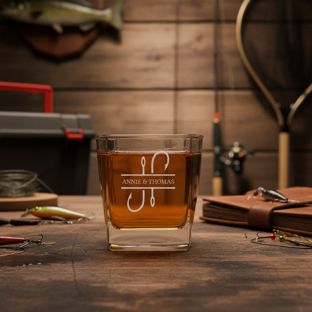 Fishing engraved whiskey glass detail - Father's Day gift