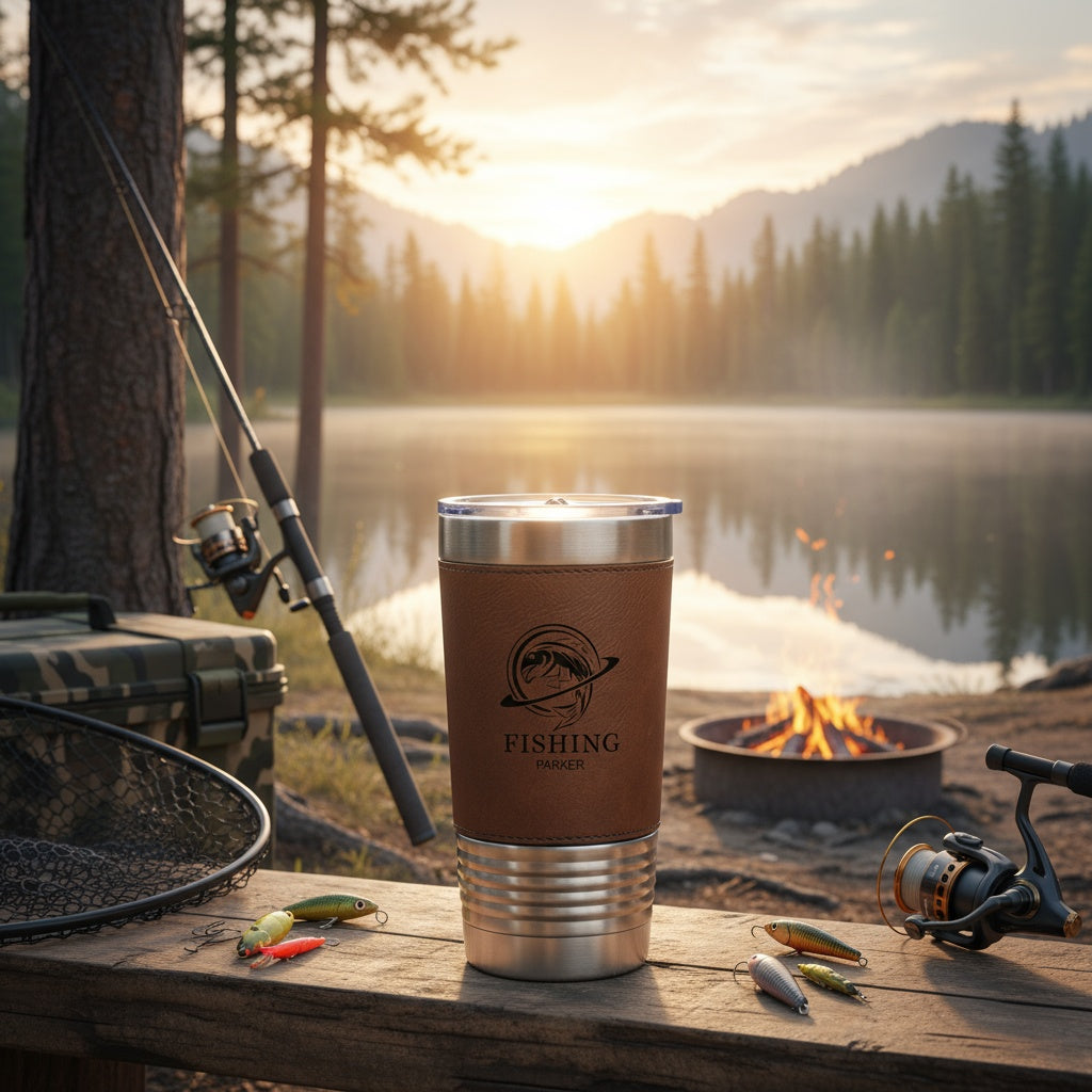 Fishing leather tumbler in Teal - Father's Day gift