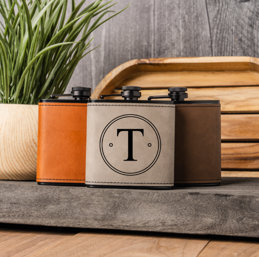 Engraved Leather Wrapped Black Flasks - Reserve Collection