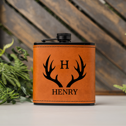 Personalized Leather Wrapped Black Flasks - personalized groomsmen gift