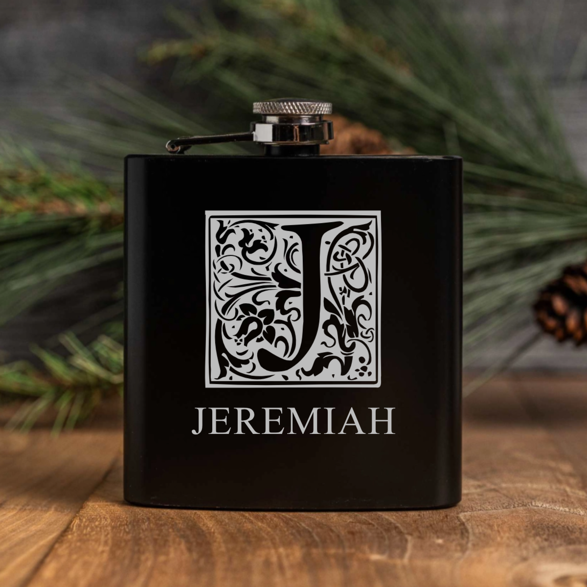 Custom engraved black powder coated stainless flask groomsmen gift view 3