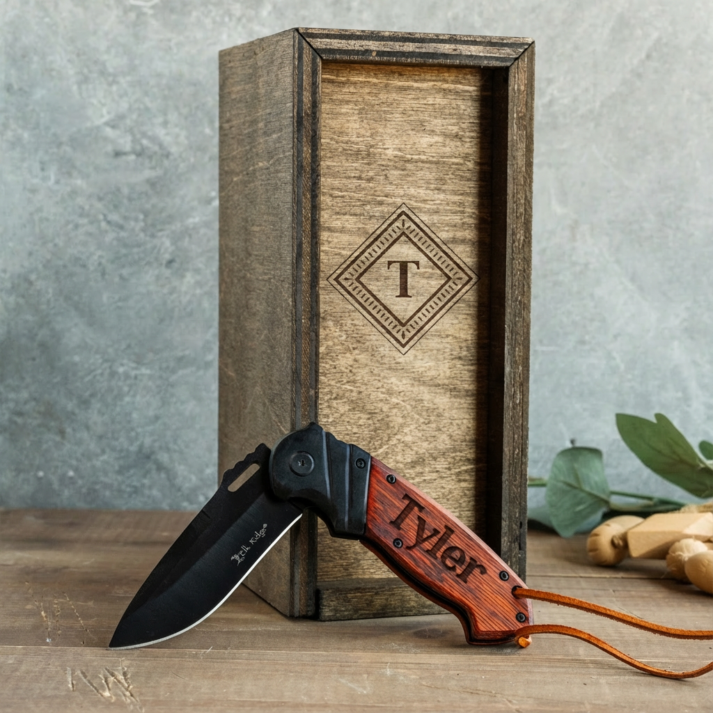 Personalized red handle pocket knife with engraved wooden gift box - groomsmen gift