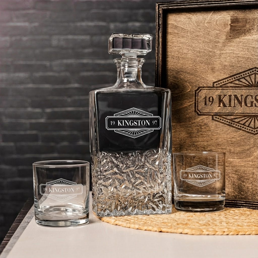 Engraved square decanter with whiskey glasses, best man gift idea