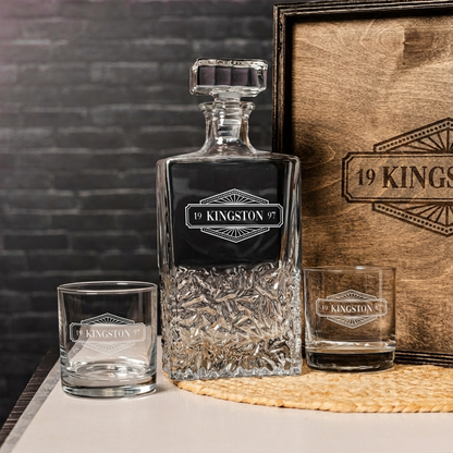 Engraved square decanter with whiskey glasses, best man gift idea