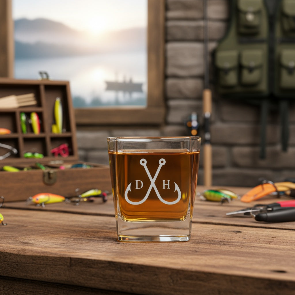 Square lowball with fishing design - personalized gift for him