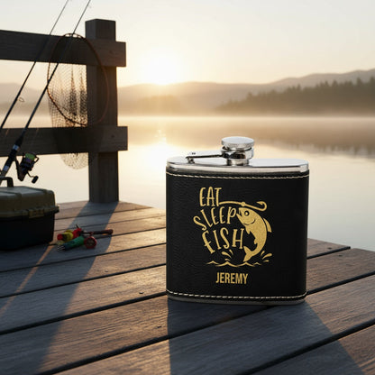 Personalized leather wrapped fishing flask engraved angler gift view 1