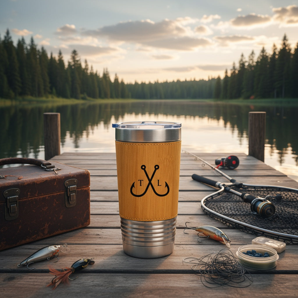 Fishing leather tumbler in Dark Brown - angler gift for him