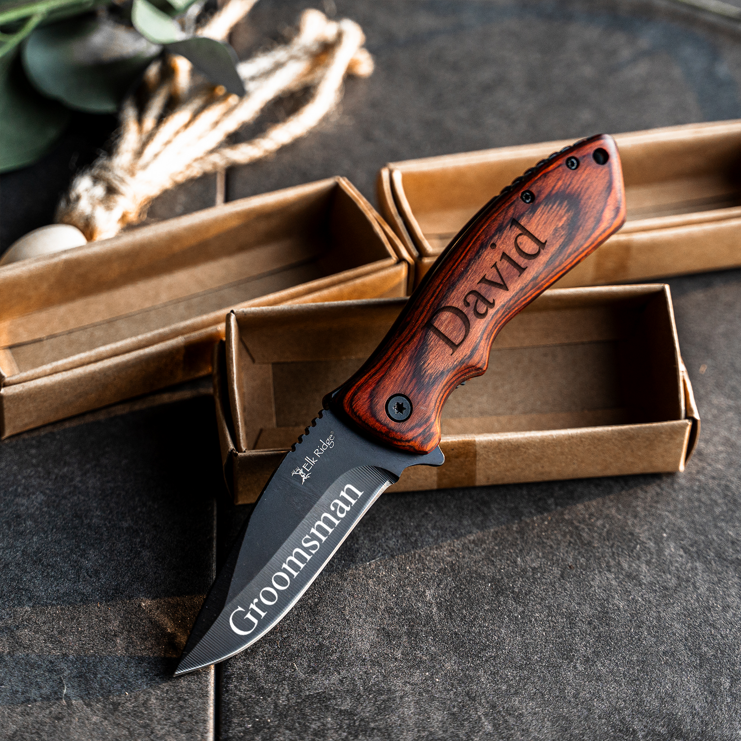 Set of 5  Red Wood Handle Black blade Knives